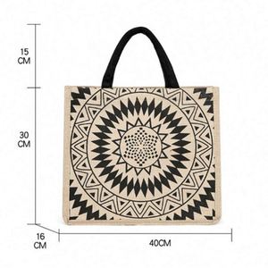 Sac fourre-tout en jute grande capacité style bohème rétro géométrique pour femme, idéal pour la plage - Product Image 2
