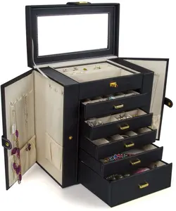 Luxus Black Jewelry Organizer Box Display Aufbewahrung koffer Halter mit Schloss Spiegel Mädchen Make-up Schmuck Aufbewahrung sbox