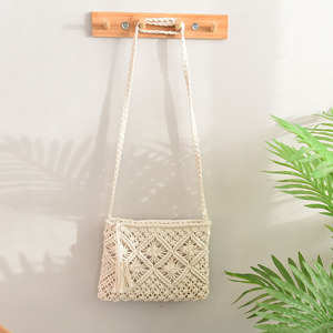 Simple Tassel Handbag Woven Bohemian Shoulder <b>Bag</b> Summer Beach <b>Bag</b> Brown And White Horizontal Square Single Strap Zipper Closure - Product Image 2
