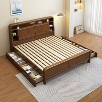 Lit double minimaliste contemporain nordique en bois massif de caoutchouc, taille Queen/King, avec cadre de lit à pression d'air et grand rangement, écologique