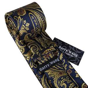 Оптовая продажа, Шелковый жаккардовый тканый черный золотой Пейсли Галстук итальянский Шелковый мужской комплект галстуков и платков - Product Image 3