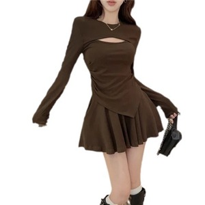 Women's Hollow Long Sleeve Top And Skirt Set Brown High Waisted Two Piece Casual Knitted Polyester Autumn 2025 Style - Product Image 5