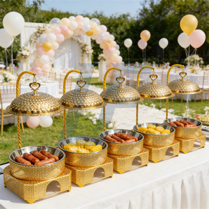 Peralatan Katering Restoran Stainless Steel 8 Liter Set Chafing Dish Gantung Mewah Warna Emas Pemanas Alkohol Penghangat Makanan - Product Image 1