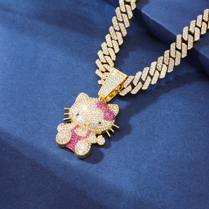 European American Trendy Cool Cute Cat Anhänger Halskette mit Full Diamond Modische kubanische Kette & Hello Kitty Hip-Hop-Stil - Product Image 2