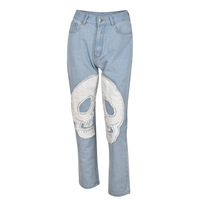 Women's Skeleton Patterned Jeans, Black Denim Trousers