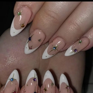 <span class=keywords><strong>Uñas</strong></span> Postizas Acrílicas con Decoración de Perlas y Diamantes de Imitación Estilo Francés, Diseño Simple de Almendra, para Regalo - Product Image 4