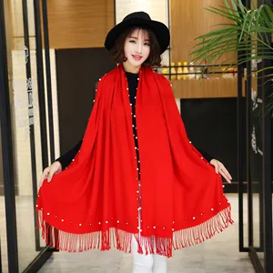 Tasarımcı moda yeni ürün saf renk kaşmir pamuk uzun sarılmış şal battaniye kadın sonbahar ve kış sıcak inci eşarp