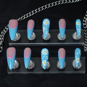Faux ongles longs en acrylique faits à la main, forme cercueil, couvrance totale, dégradé rose et blanc, design strass, personnalisables, vente en gros - Product Image 1