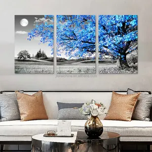 Black And White Blue Tree Moon Artwork Canvas Print Modern Custom Artwork Canvas Wall Art Printing Art Prints Paintings