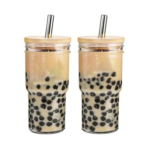 DD1099 Reusable Glass Bubble Tea Cup Smoothie Tumbler <strong>Milkshake</strong> Wide Mouth Mason Jar Drinking Glasses with Bamboo Lids <strong>Straws</strong> - Product Image 5