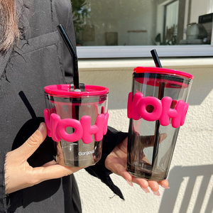 Sang trọng 350ml/450ml cấp thực phẩm thủy tinh cốc cà phê với Silicone rơm tay áo dễ thương phong cách unisex Takeaway drinkware - Product Image 3