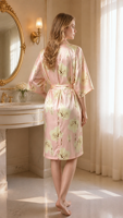 Robe Kimono Courte en Satin Personnalisée pour Femme, Imprimé Floral, Peignoir de Luxe pour Hôtel et Spa, Vêtement de Nuit et d'Intérieur, OEM