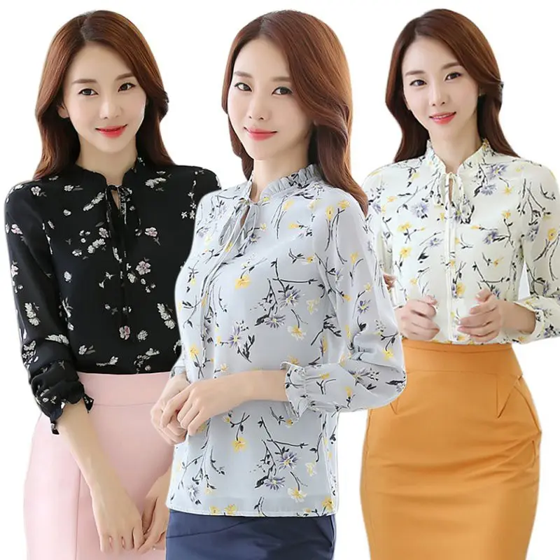 Kant Voorraad Dames Chiffon Blouse Elegante Dames Shirts Met Lange Mouwen Casual Print Bloementops