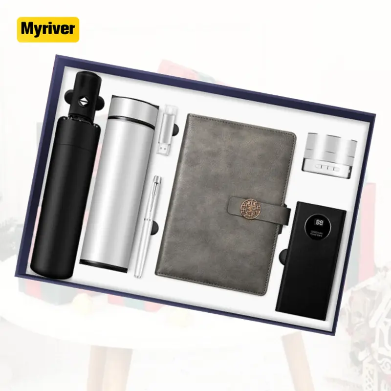 Myriver Nieuwe Creatieve 6 In 1 A5 Lederen Notebook Led Waterfles Cadeau Usb Drive Power Bank Metalen Pen Sleutelhanger Geschenkdoos Set