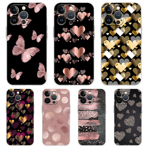 เคสโทรศัพท์สุดหรูรูปหัวใจสีทองชมพูกุหลาบสำหรับ <span class=keywords><strong>iPhone</strong></span> 16 15 14 13 11 17 PRO MAX XR <span class=keywords><strong>SE</strong></span> 7 8 Plus TPU กรอบซิลิโคนใส - Product Image 1