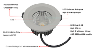 Benory CRI95 24v Tunable White 2000k-6000k COB <span class=keywords><strong>Spot</strong></span> Light KNX Loxone PWM Dali Dt8 DMX <span class=keywords><strong>Dimmable</strong></span> RGBW LED <span class=keywords><strong>IP65</strong></span> Smart Downlight - Product Image 3