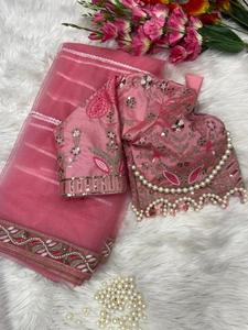 Sari de red premium con bordado de lentejuelas Dori y borde de encaje de diamantes hecho a mano para bodas, fiestas y ocasiones festivas. - Product Image 1