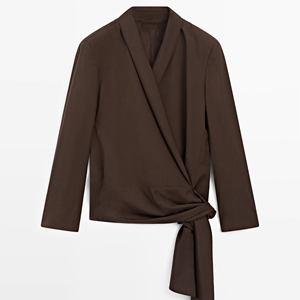 Chemisier élégant marron chocolat pour femme, col châle, taille nouée, drapé, style chic décontracté, idéal pour le bureau et les soirées romantiques - Product Image 3