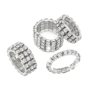 Wholesale 3rows Claw Inlay Crystal Rhinestone Ring Adjustable Stretch Elastic Rhinestone Ring 1 To 5 Rows