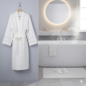 Robe de chambre en tissu gaufré blanc luxueux avec bordure en dentelle, peignoir léger en coton pour hôtel SPA, robe de chambre de style kimono pour femmes - Product Image 5