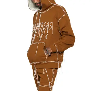OEM Custom LOGO Men Winter Wear 100% Cotton Fleece Set Brown Color Distress Two Pieces Set Hoodie