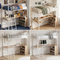 Lit mezzanine avec bureau et armoire, cadre de lit double en métal blanc avec poste de travail pour petite chambre et dortoir, aucun sommier tapissier nécessaire