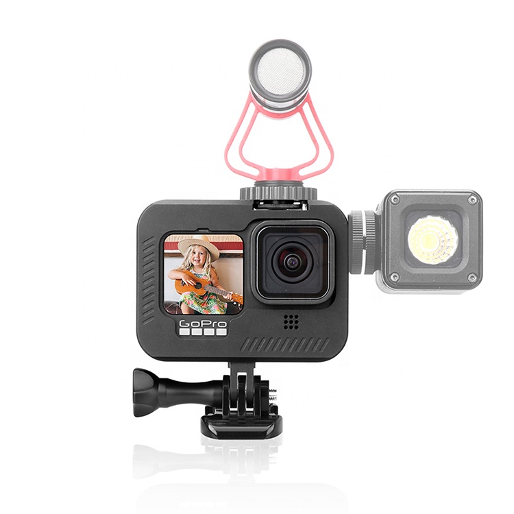 Junnx Metal Vlog Case Cage for Go pro hero 9 camera accessories Black Extend Cold Shoe Mount for Microphone LED Light