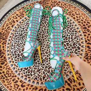 <span class=keywords><strong>Botas</strong></span> Altas de <span class=keywords><strong>Plataforma</strong></span> con Estampado a Cuadros y Punta Abierta para Verano, Sandalias con <span class=keywords><strong>Cordones</strong></span> para Mujer, Tallas Grandes 47, Zapatos de Tacón Alto, Botines Largos con Recortes - Product Image 6