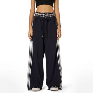 Men Midweight 100% Cotton Wide Leg Sweatpants Drawstring Casual <b>Trousers</b> Side Stripe Pocket Lounge Pants - Product Image 1