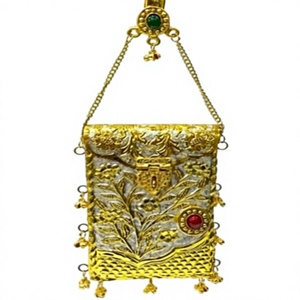 Pochette à rabat en métal faite à la main avec motif floral, pierre verte, gemme rouge, chaîne, élégante, pour soirée, porte-téléphone portable - Product Image 1