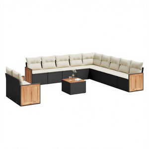 Conjunto de Sofás de Jardín en Negro y Crema, 10 Plazas, Muebles de Ratán para Exteriores, Resistentes a la Intemperie, Diseño Contemporáneo, Panel de Madera de Teca - Product Image 1