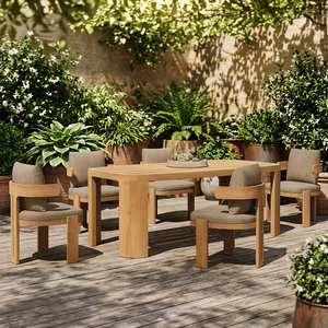 Table de salle à manger d'extérieur moderne en teck massif avec chaises rembourrées, finition naturelle, meubles durables pour jardin, patio, terrasse - Product Image 1
