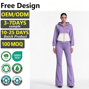 Ensemble sweat à capuche zippé personnalisé pour femme, haut à capuche contrastant, pantalon bootcut taille haute, tenue streetwear douce pour femme - Product Image 1