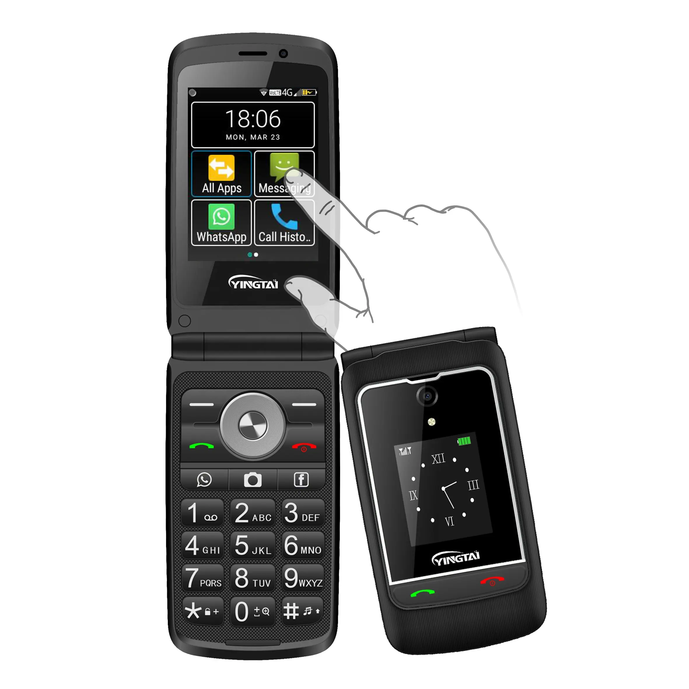 Whatsapp फ्लिप फोन बुनियादी एंड्रॉयड वाईफ़ाई जीपीएस दोहरी स्क्रीन वरिष्ठ कीपैड 4G मोबाइल फोन