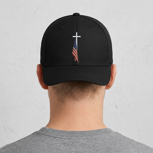 Unisex <b>Black</b> 6-Panel <b>Baseball</b> <b>Cap</b> With Embroidered Cross And Flag Design Casual Wear Adjustable Fit - Product Image 2