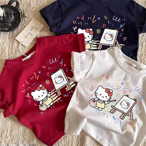<span class=keywords><strong>T</strong></span>-<span class=keywords><strong>shirt</strong></span> à manches courtes imprimé KT Cat pour filles, col rond, é<span class=keywords><strong>t</strong></span>é, 100% coton, respirant, vêtements pour bébé fille, vêtements pour enfants - Product Image 1