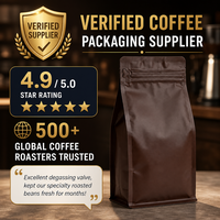 Sacs d'emballage pour grains de café à fond carré, doublés de feuille marron mate, avec logo imprimé en héliogravure, fermeture éclair et dégazage unidirectionnel