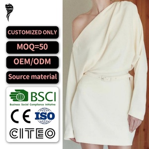 Nuevo Vestido Corto Elegante Personalizado de un Solo Hombro con Manga Larga y Cinturón, Vestido de Verano de Color Sólido para Mujer - Product Image 1