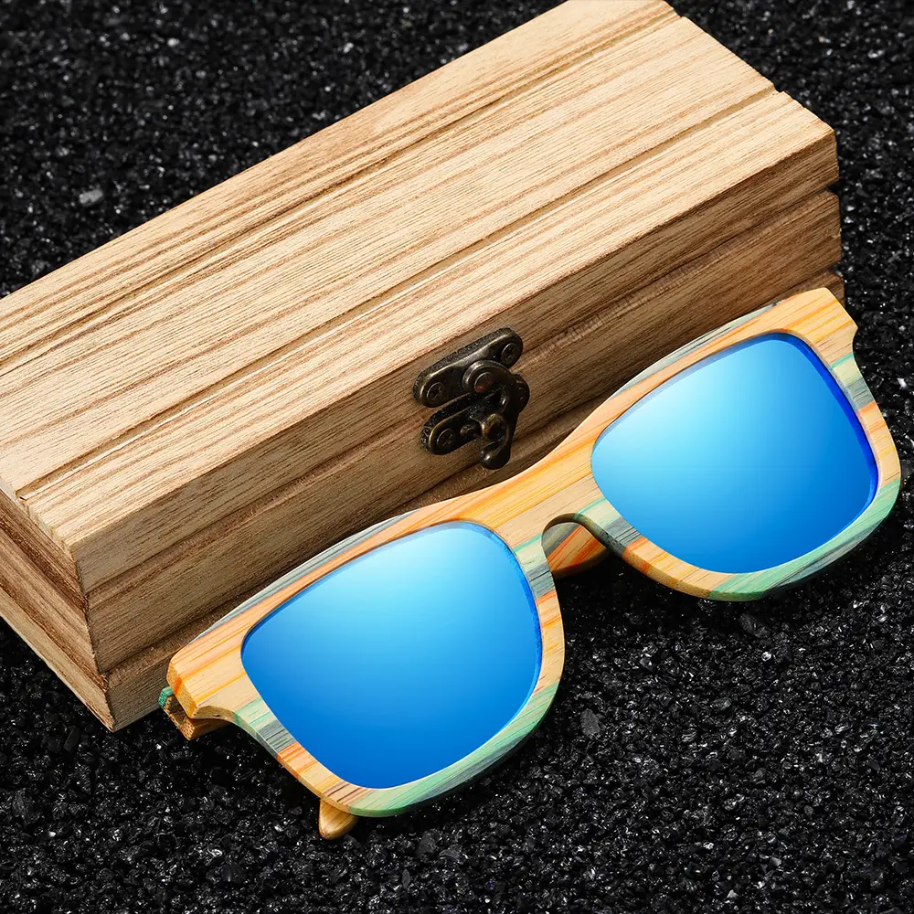 Wooden Frame Sunglasses Blue Color Lens Recycled Custom Skateboard Wood Bamboo Glasses for Unisex