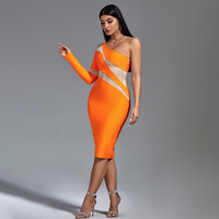 Robe Midi Bandage Orange Asymétrique à Épaule Dénudée avec Panneaux en Maille et Découpes pour Femme – Robes de Soirée Élégantes Grandes Tailles