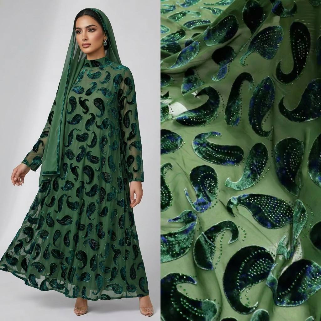 Luxury Burnout Velvet Fabric 18% Nylon 82% Rayon Woven Flocked Hot-FiX Rhinestone Velvet Fabric for Ladies Dress