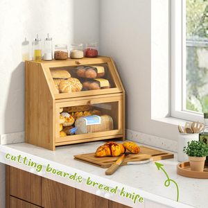 Doppio strato cucina controsoffitto in legno di bambù scatola di pane con porta <span class=keywords><strong>trasparente</strong></span>, fattoria pane contenitore con tagliere - Product Image 4