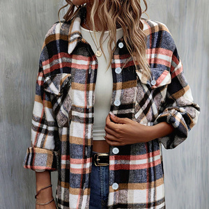 Chemisier à carreaux pour femme, manches longues, boutons sur le devant, épaules tombantes, coupe ample, veste tissée pour l'automne et l'hiver - Product Image 1