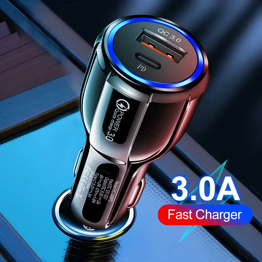 Fast Charging PD Car Charger QC 3.0 Dual Port Quick Charge Usb Type C Car Charger for Mobile Phone