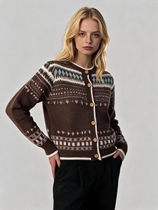 Women's Black Geometric Knitted <b>Cardigan</b> Fair Isle Sweater Long Sleeve Button Up Crew Neck Autumn Winter - Product Image 3