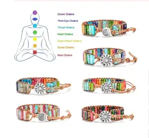 7 Chakra Reiki sanación con piedra Natural pulseras para hombres mujeres cuerda hecha a mano de cuero de curación Yoga Flor de regalo de la joyería