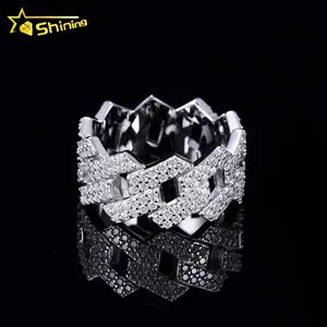 Preço de fábrica por atacado em estoque joias de moissanite 925 prata gelada 2 fileiras anéis de diamante cubano moissanite anel hip hop