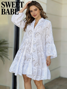 Robe élégante en coton blanc à dentelle anglaise pour femme - Grande taille, design à volants, légère et respirante, idéale pour l'été - Product Image 1