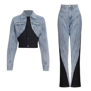 Casual Fashion Spring Fall Lady Streetwear Patchwork Denim Coat Jeans Sets Two Piece Pants Set Women'S Sets