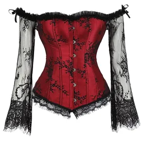 Atasan Korset Bustier Lingerie Wanita dengan Lengan Panjang Renaisans Ukuran Besar Renda Bunga Kostum Seksi Burlesque Merah Hitam Putih